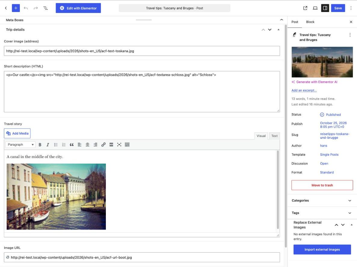 Post with ACF fields after the import: image addresses point to the own website