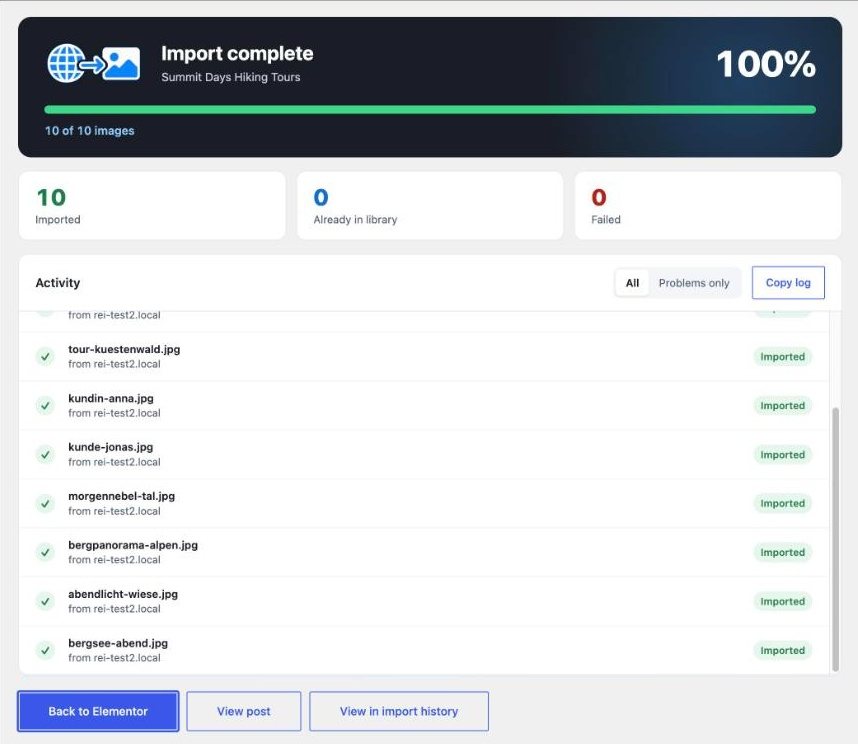 Import dialog: 10 of 10 images of an Elementor page imported, Back to Elementor button