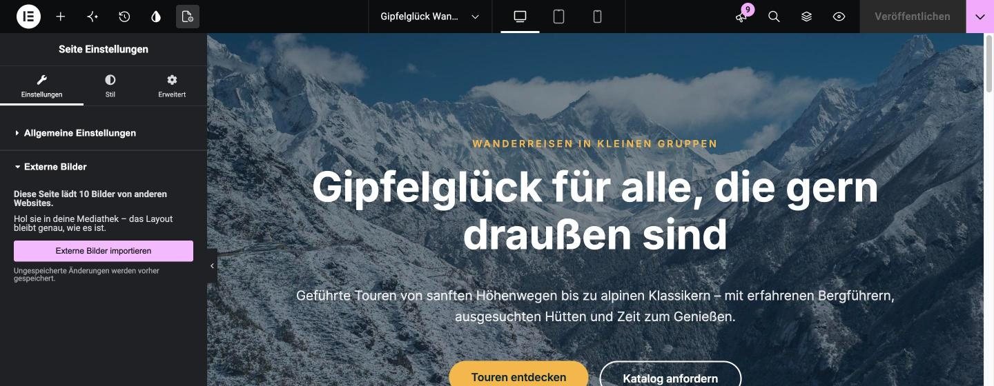 Elementor-Editor: Seiteneinstellungen mit dem Bereich Externe Bilder und dem Button Externe Bilder importieren