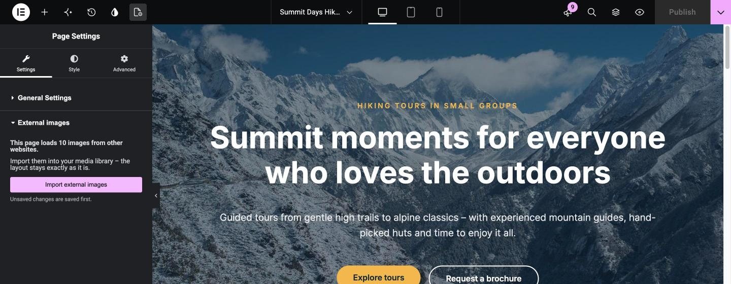 Elementor editor: Page Settings with the External images section and the Import external images button