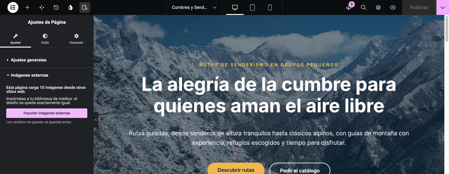 Editor de Elementor: ajustes de página con la sección Imágenes externas y el botón Importar imágenes externas