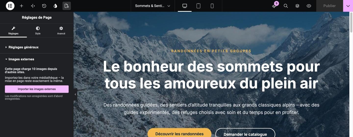 Éditeur Elementor : paramètres de la page avec la section Images externes et le bouton Importer les images externes