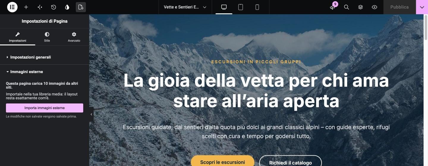 Editor di Elementor: impostazioni pagina con la sezione Immagini esterne e il pulsante Importa immagini esterne