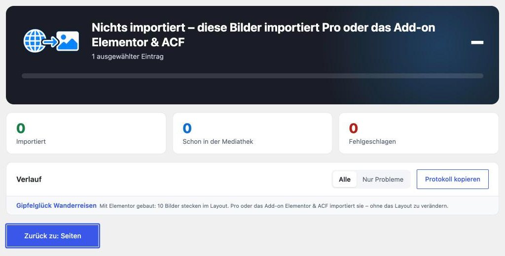 Import-Dialog ohne Add-on: 10 Bilder stecken im Elementor-Layout
