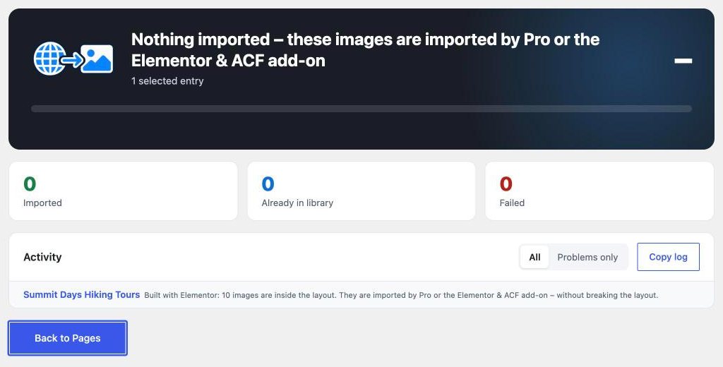 Import dialog without the add-on: 10 images are inside the Elementor layout