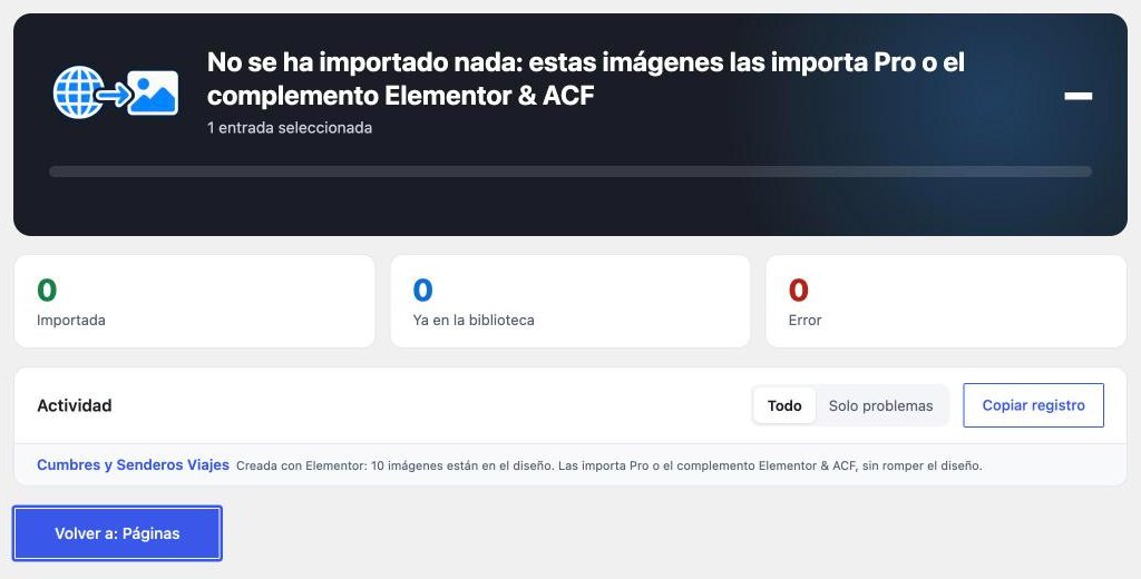 Ventana de importación sin el complemento: 10 imágenes están en el diseño de Elementor